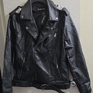 Men's Black Vegan Leather Biker Jacket Size L